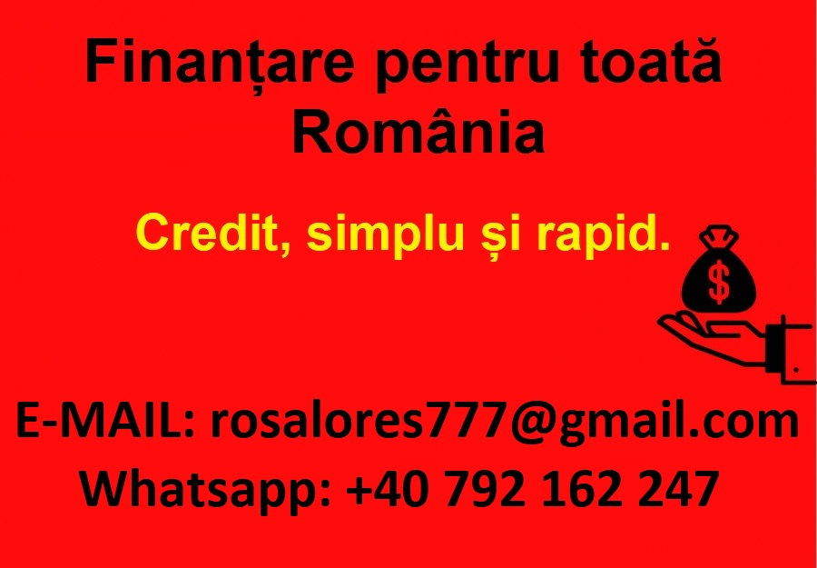 Escorta Sex - Credite pentru români.  

Aveți nevoie de finanțare pentru afacerea dumneavoastră, pentru a cumpăra o mașină, o motocicletă sau pentru a vă începe propria afacere?

Ofer credite personale la o dobândă nominală de 4%, indiferent de sumă.  

Vă rugăm să specificați suma exactă și perioada de rambursare în cererea de credit.  

Email: rosalores777@gmail.  com
WhatsApp: +40 792 162 247 - Telefon: 0792162247 